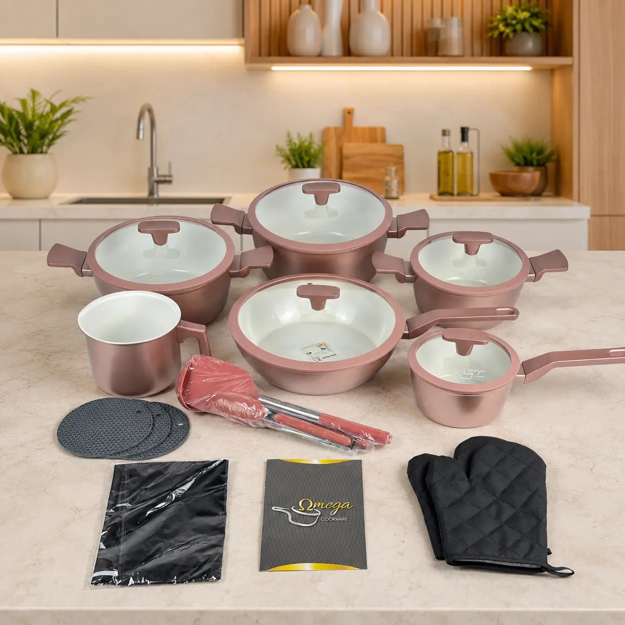 Jogo de Panela Omega Cerâmica Premium 20 Peças — Rosa