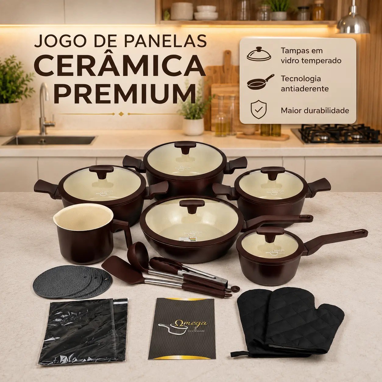 Jogo de Panela Omega Cerâmica Premium 20 Peças — Conjunto completo